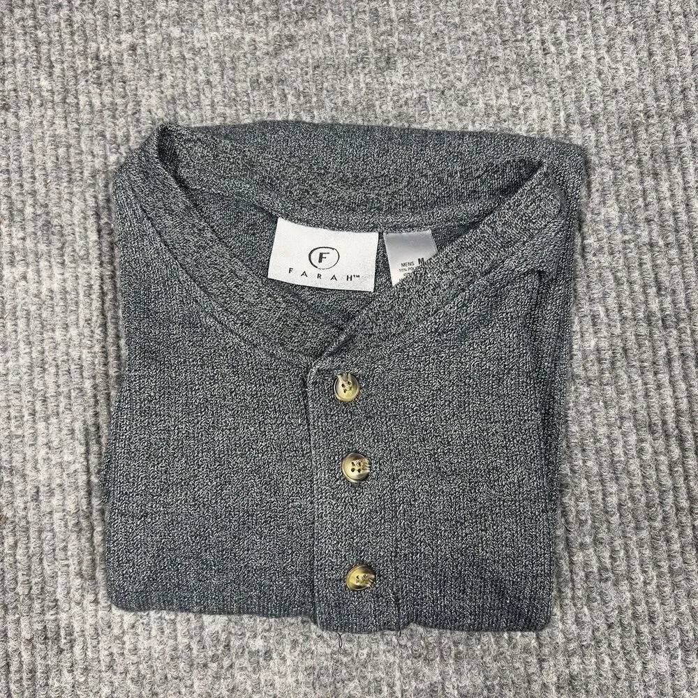 Farah Shirt Mens Medium Gray Pullover Sweater 3‎ Button Front Stretchy Knit